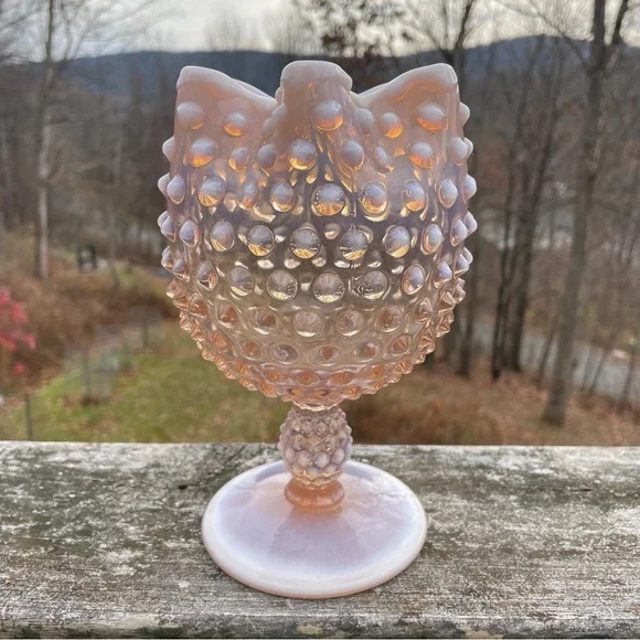 DUNCAN & MILLER Vintage 1940s Pink Opalescent Hobnail Crimped Footed Vase Cup - Picture 10 of 10